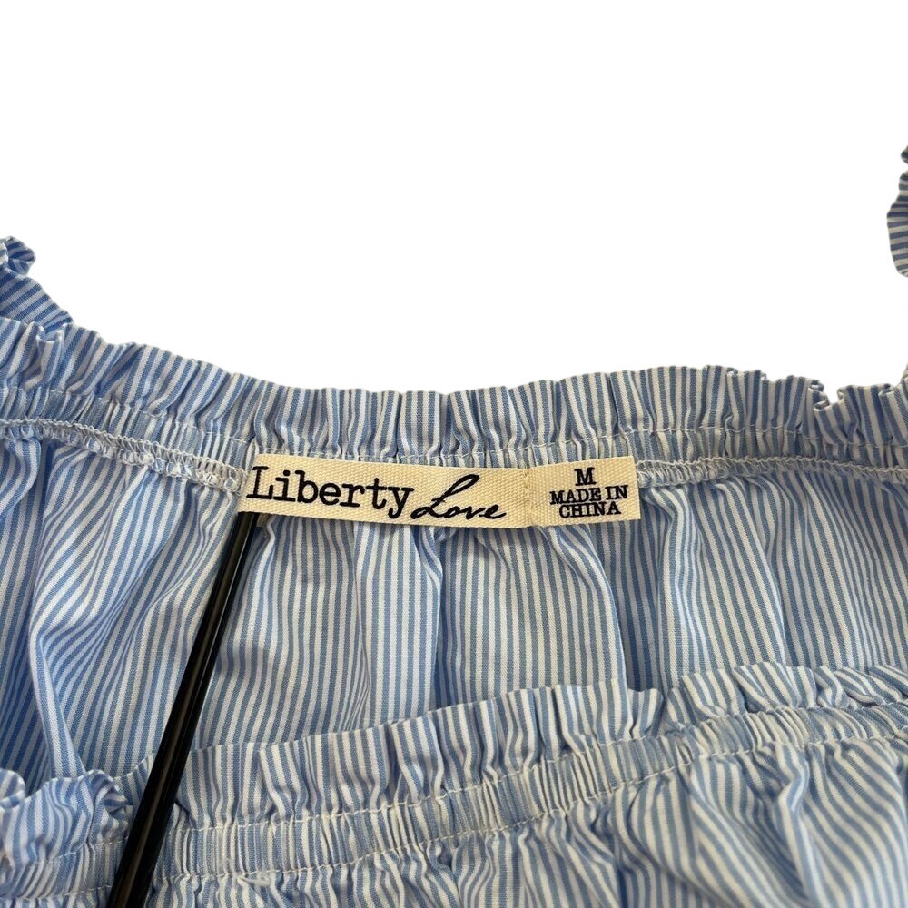 Liberty Love Womens Blue & White Stripe Embroidered Ruffle Sleeve Blouse 176 - Picture 3 of 6